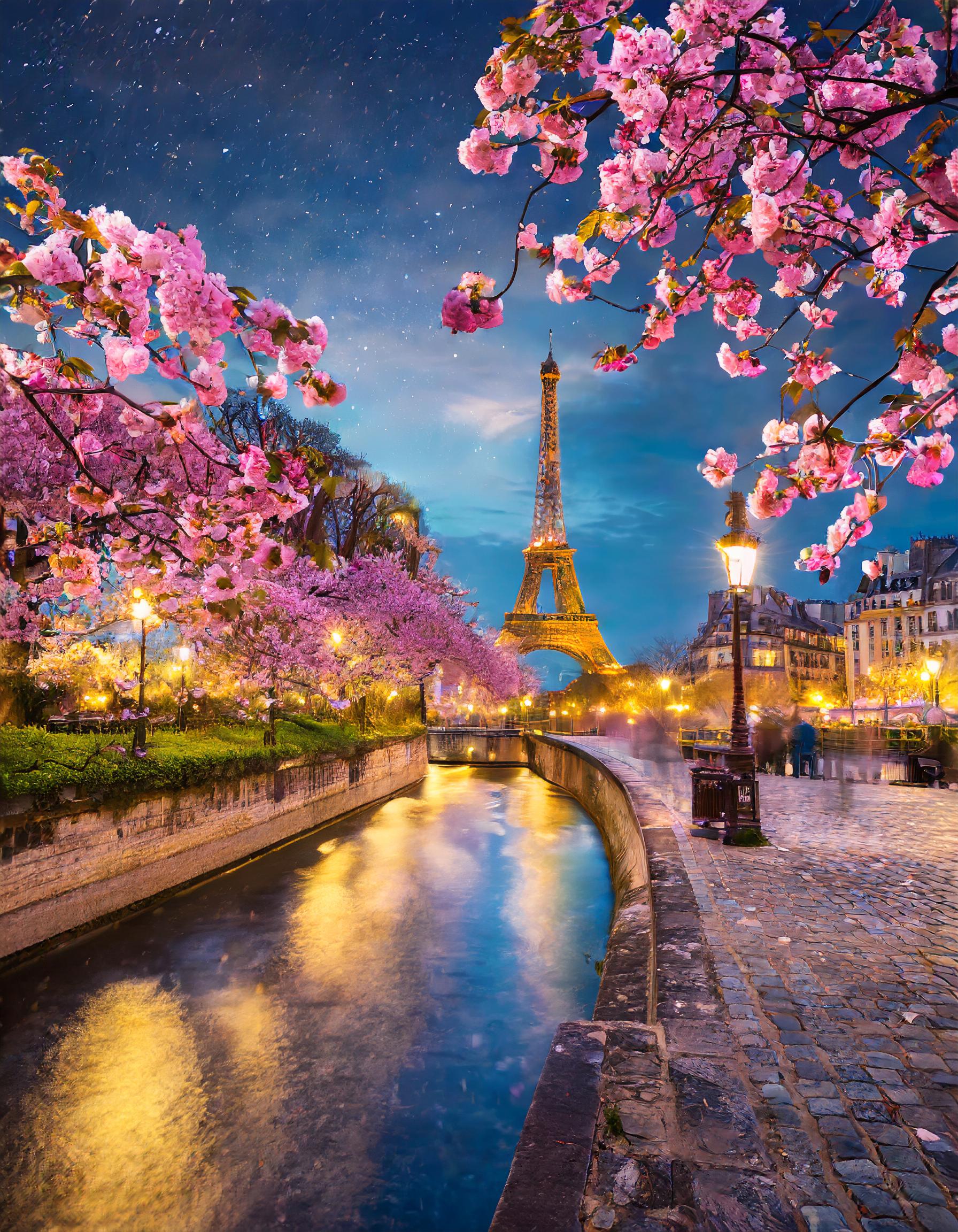 Firefly paris at night with pink blossoming trees 90966